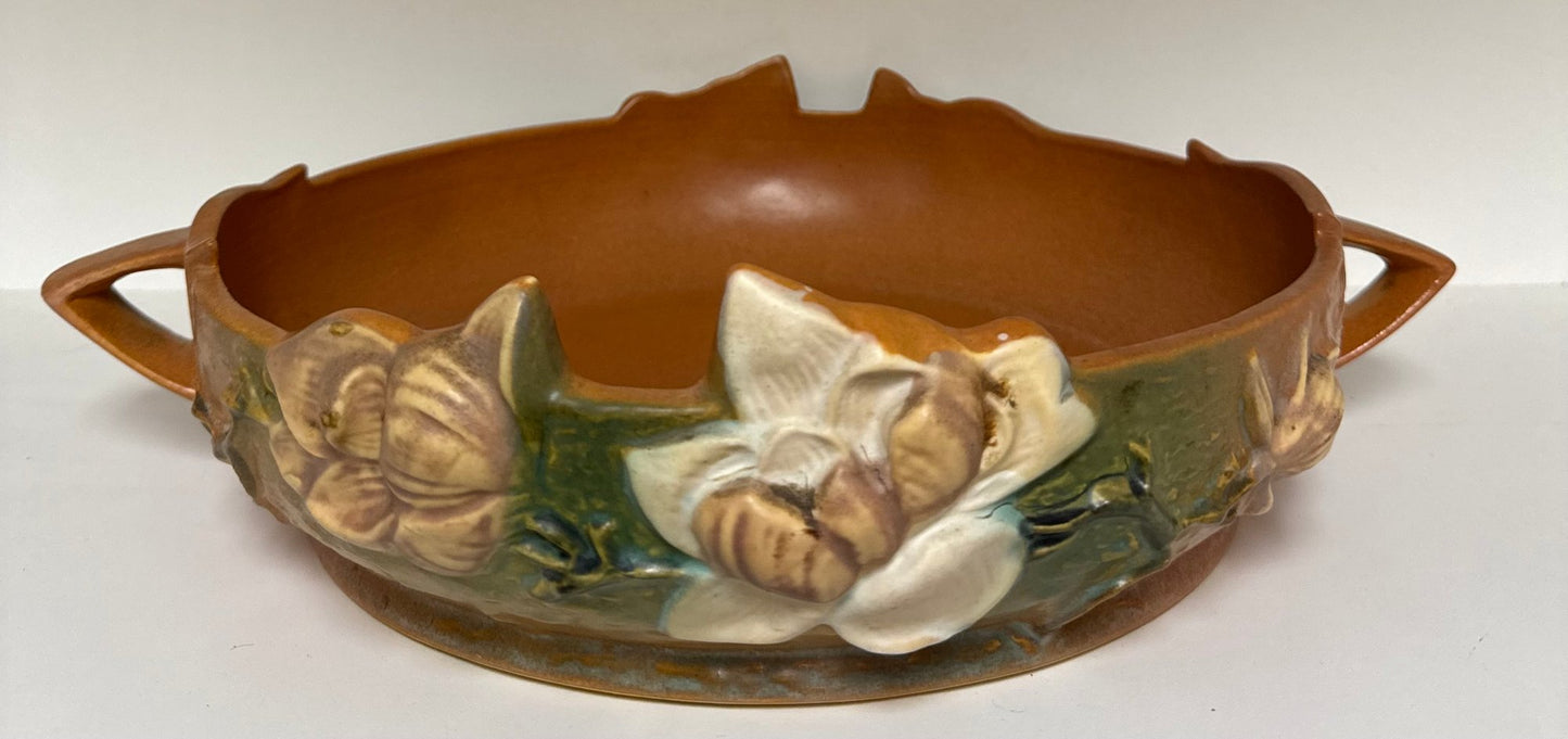 Roseville Brown Magnolia with White & Pink Flowers #450-10" Two Handle Art Pottery Console Bowl