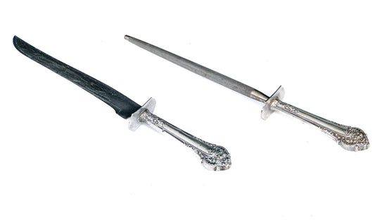 Vintage Sterling Handled Steel Blades Weighted Carving Knife and Sharpener
