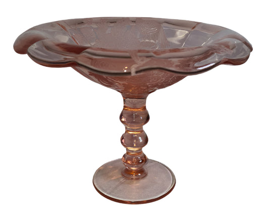Vintage PADEN CITY Peacock and Wild Rose CHERIGLO Pink Compote with Pedestal, Depression Glass