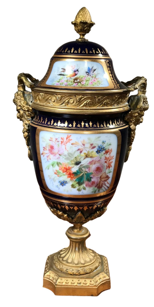 Spectacular French Sevres Urn with Lid on Gilded Bronze Ormolu Stand 1763