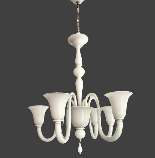 Hand Made Italian Murano White Glass Six Arm Chandelier