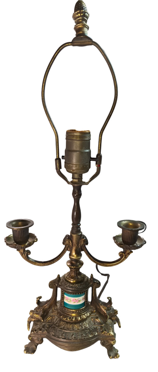 Antique Beautifully Ornate Brass Candelabra Lamp with hand painted porcelain detail.