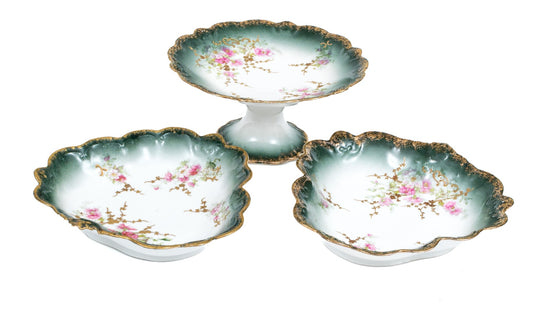 THREE PIECE LIMOGES BOWLS WITH COMPOTE PLATE