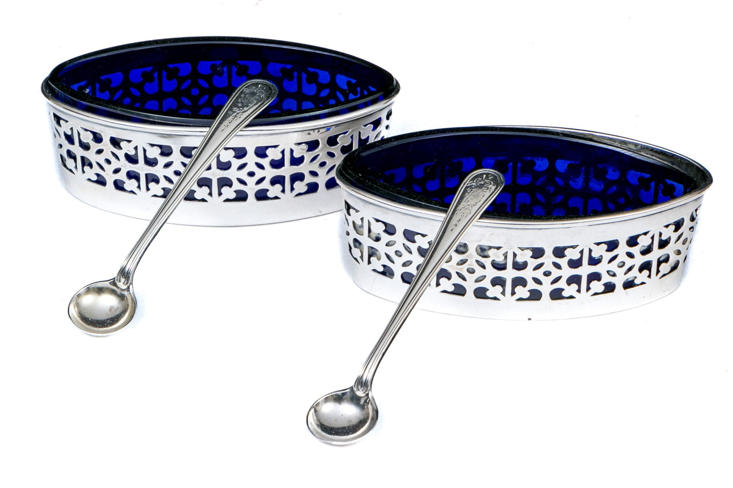 Oval Salt Cellars With Cobalt Liners and Salt Spoons, Set of 2,  2.535 OZT, Weighable Sterling