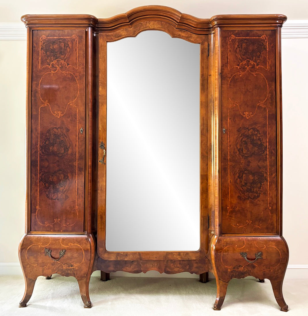 Late 19th Century Italian Bombe Form Inlaid Walnut Wardrobe Cabinet