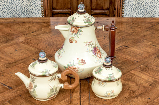 Vintage Three Piece Mackenzie-Childs Enamel Ware Tea  And Coffee Set