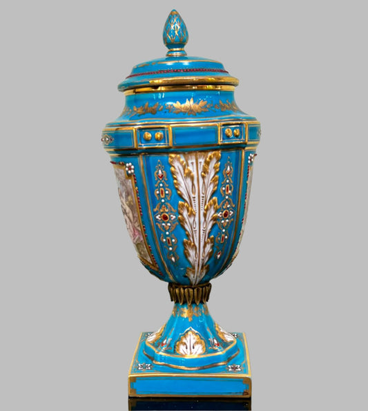 Very Rare Stunning French Sevres Lidded Urn In Gilt And Enamelled Turquoise Porcelain, 1900's