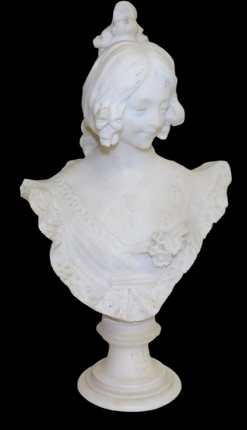 Italian Carved Marble Bust Of Woman With Necklace And Lace Signed Cifarelli