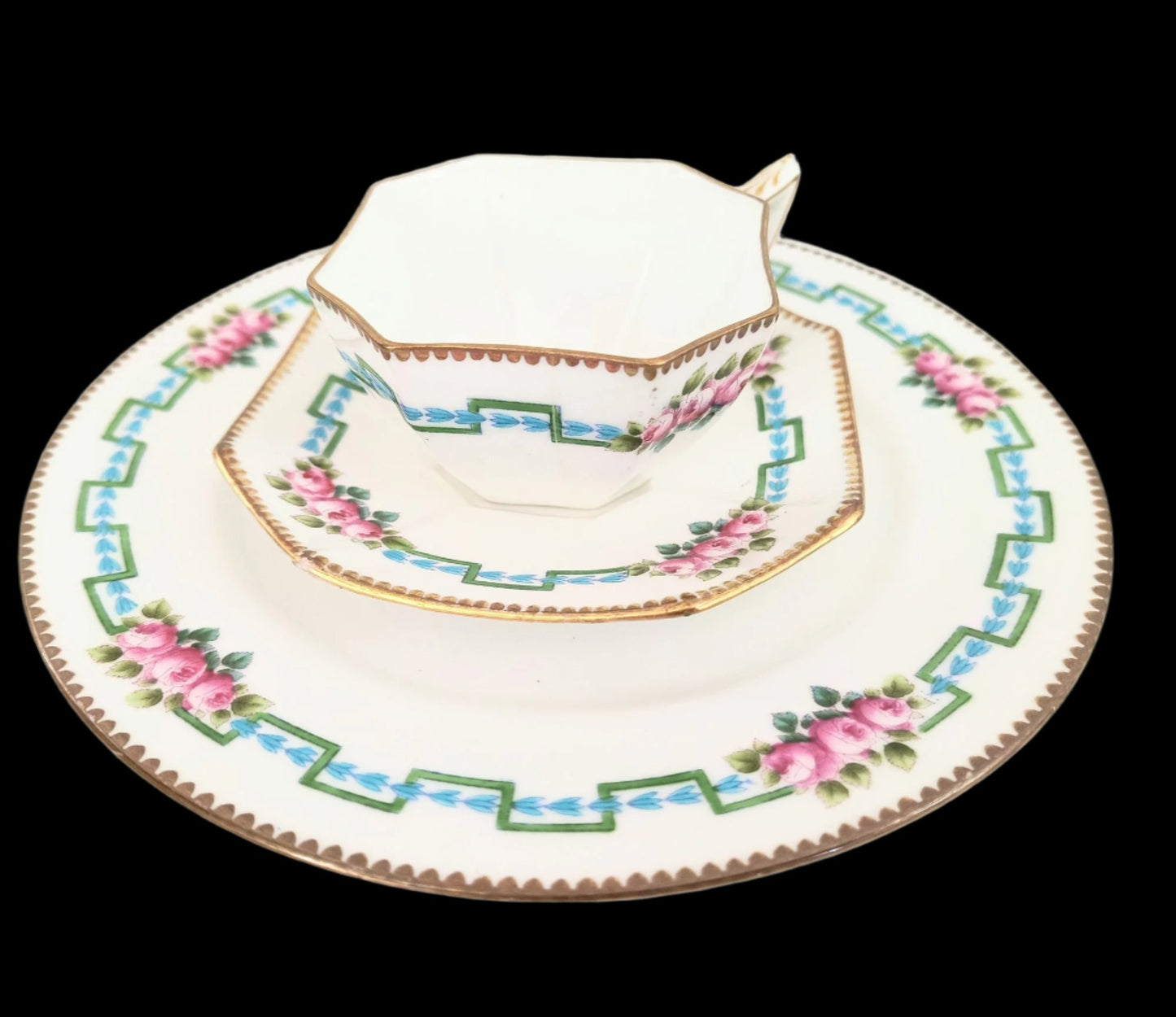 Rare Handpainted English Antique Tea Cup And Dessert Plates Set, Wileman Foley China