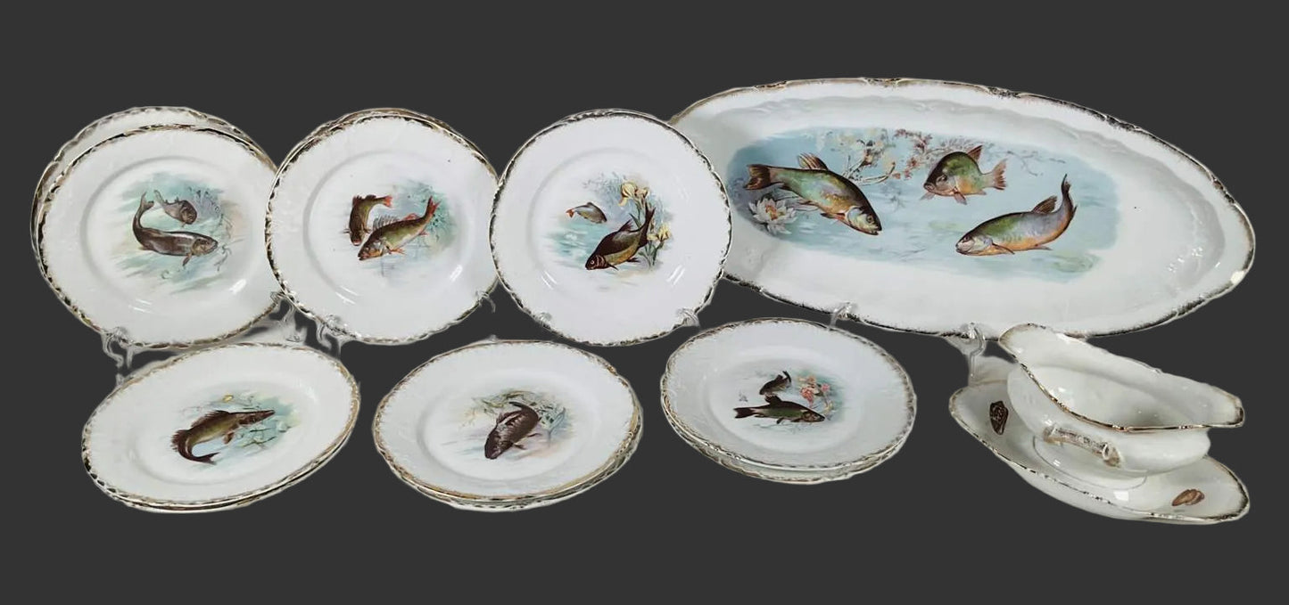 Collection of Antique Victoria Austria Porcelain Fish Dinnerware - 14 pcs