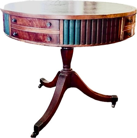 Sheraton Style Revolving Leather Topped Drum Table With Faux Books & Brass Casters