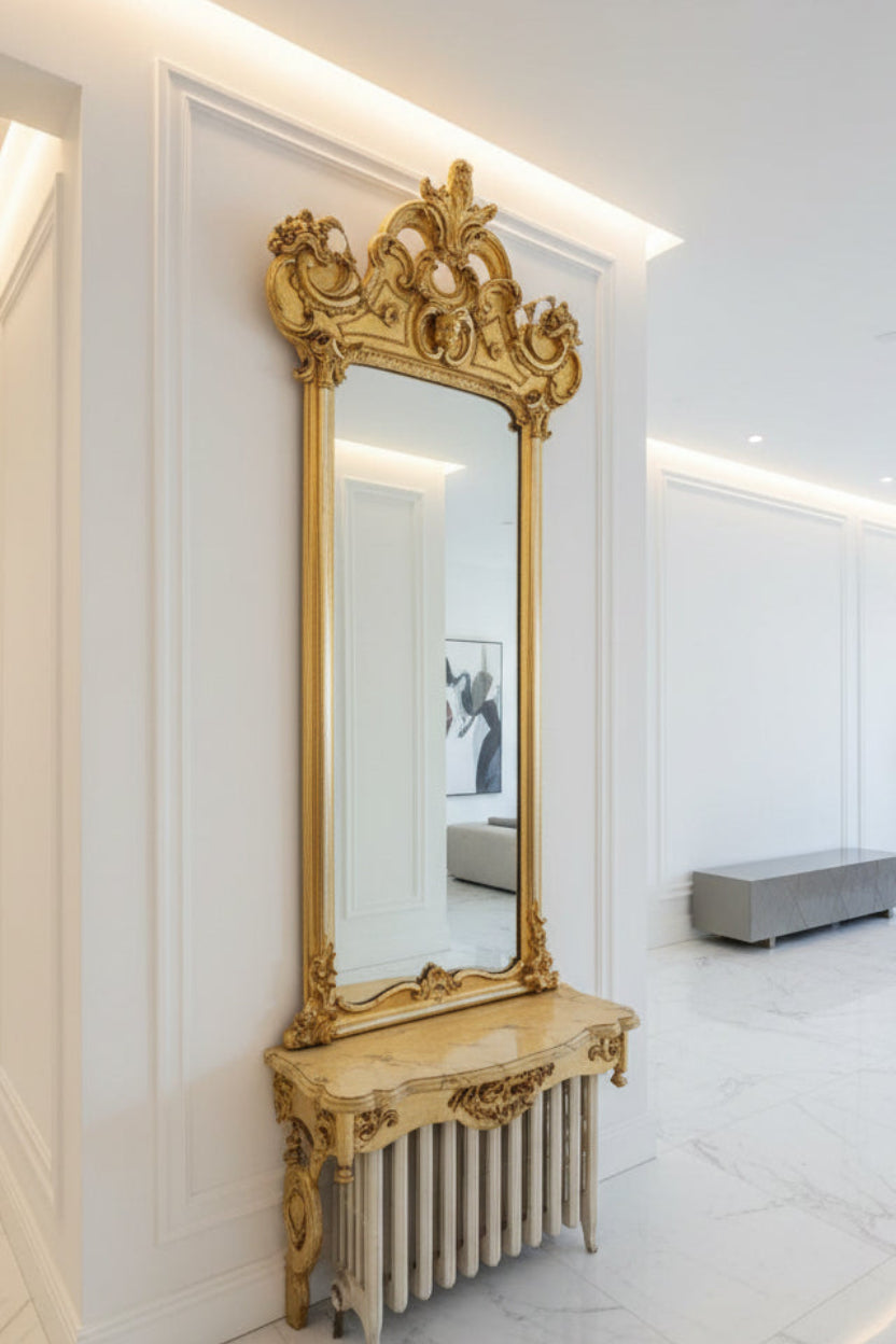 Monumental Antique French Rococo Gilt Pier Mirror With Faux Marble Top Console Shelf