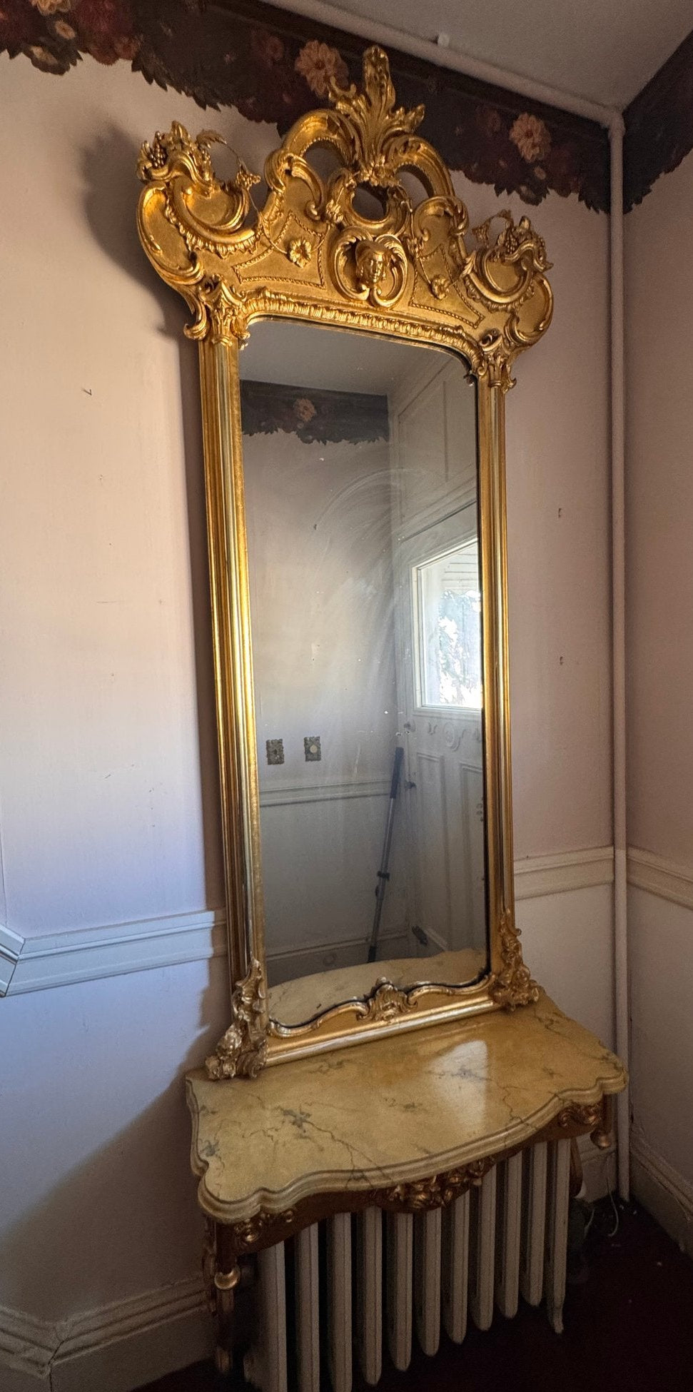 Monumental Antique French Rococo Gilt Pier Mirror With Faux Marble Top Console Shelf