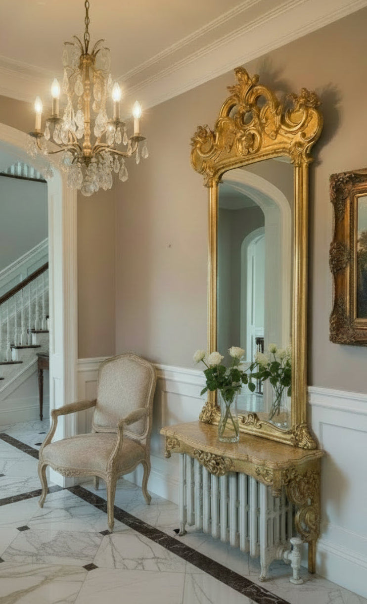 Monumental Antique French Rococo Gilt Pier Mirror With Faux Marble Top Console Shelf