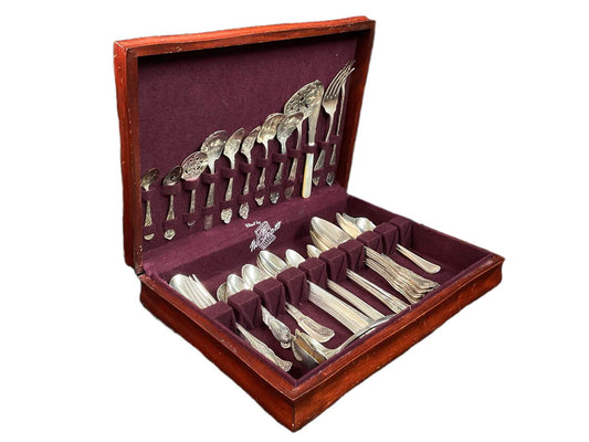 Assortment of Different Patterned Silver Plate Silverware (51 Pieces) in Box