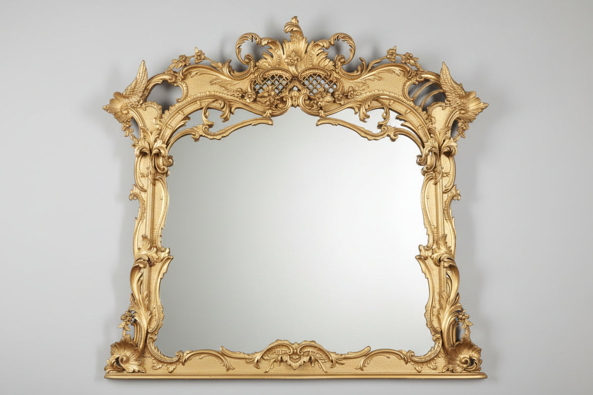 Monumental English Late 1800 Rococo /Chippendale Revival  Carved Giltwood Overmantle Mirror with Ho-Ho Birds