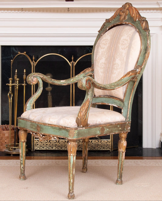 Authentic 18th Century Venetian Carved Wood And Gesso Hall Chair