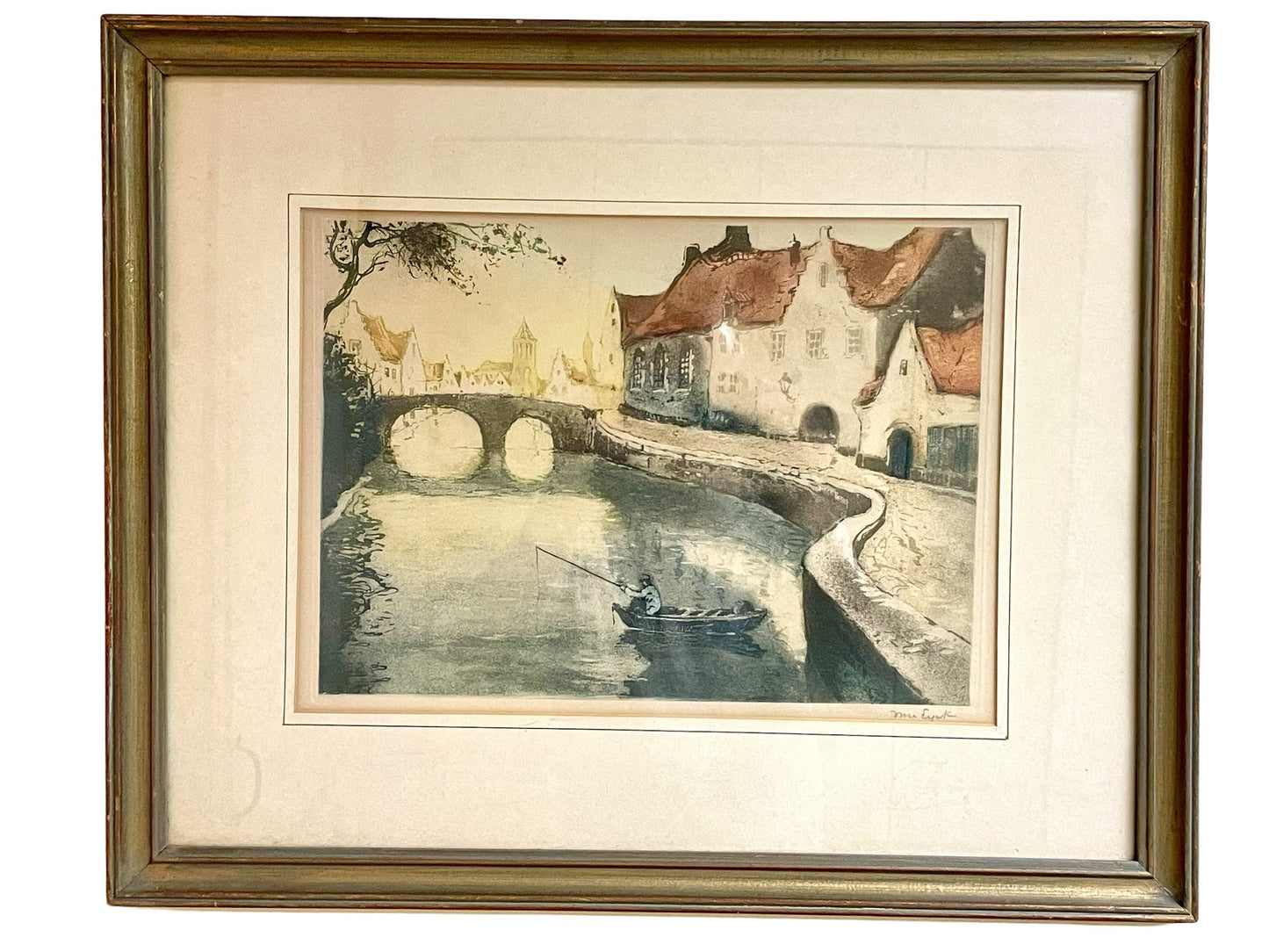 Houses By The River Bank, Etching, Signed Van Eyck.