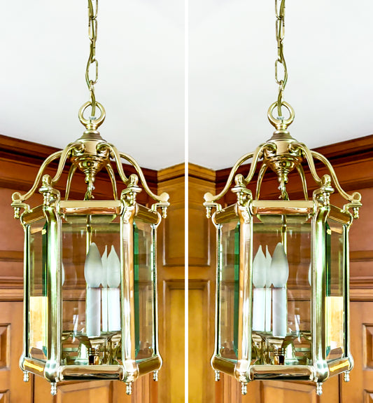 A Pair Of Large Vintage Brass And Glass Lantern Fixtures