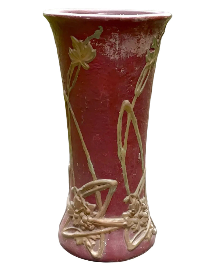 1900s Large Peters & Reed Aztec Red and Gold Ceramic Umbrella Stand, Signed