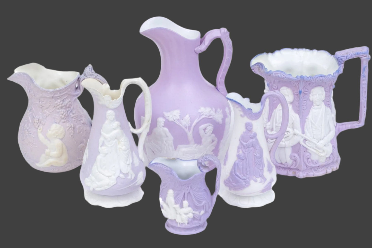 Sam L Alcock & Co High Relief Ceramic Water Pitchers And Creamers - 6 pcs