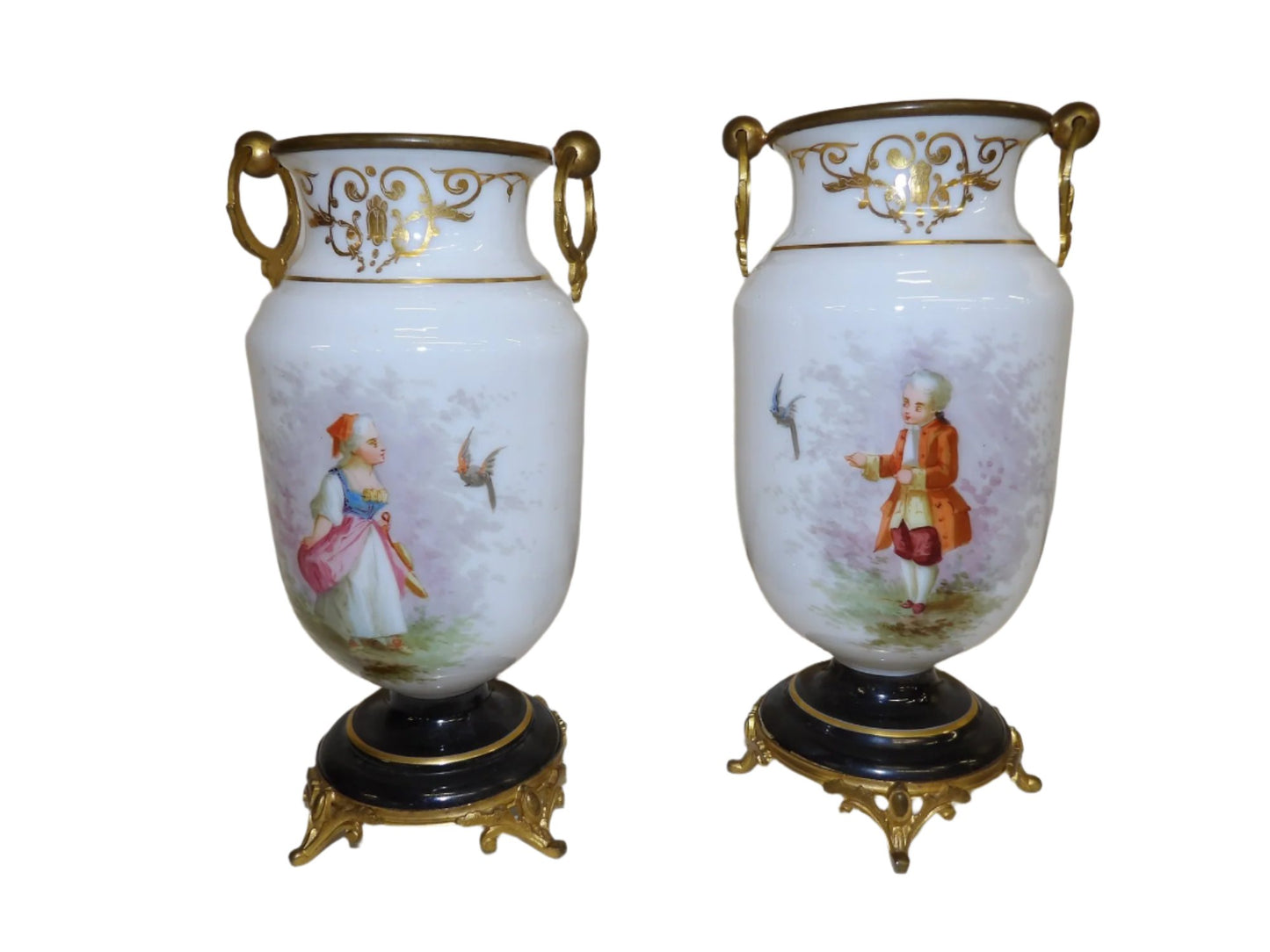 Pair French Opaline Decorated Glass Brass Mounted Vases With Hand Painted Decoration