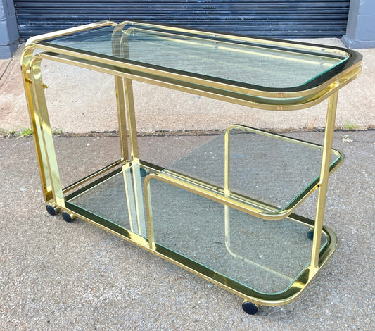 Vintage Milo Baughman Brass And Glass Expandable Bar Tea serving Cart for DIA