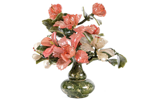 Unusal and rare Ornately Carved Hardstone Floral Bouquet In Double Gourd Vase