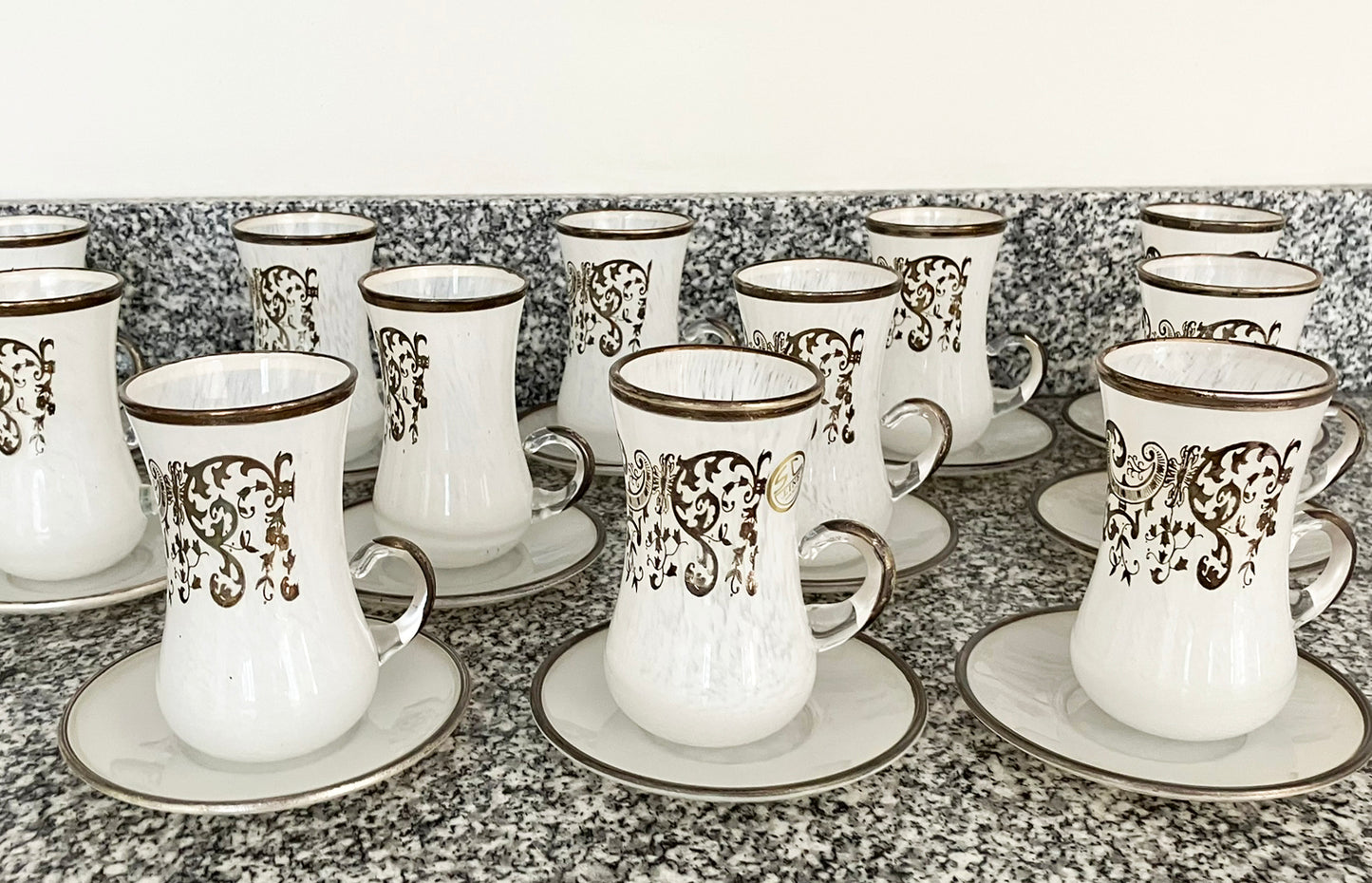 Rare magnificent Italian Silver Leaf Adorned Hand Blown Demitasse Cups By Same Cristallerie - 12 pcs