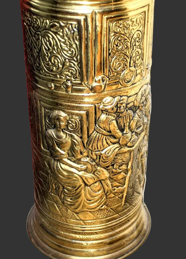 Vintage Embossed Brass Umbrella Stand Tavern Scene Design