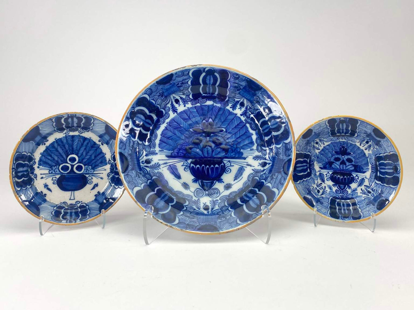 Unique 18th C Delft Blue and White Peacock Plates - 3 Pieces