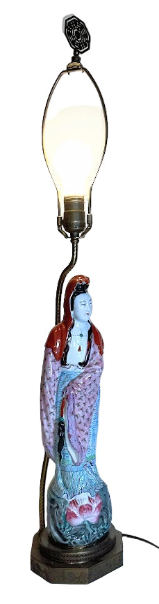 Vintage Quan Yin Chinese Porcelain Figural Table Lamp, Famille Rose, 1950s