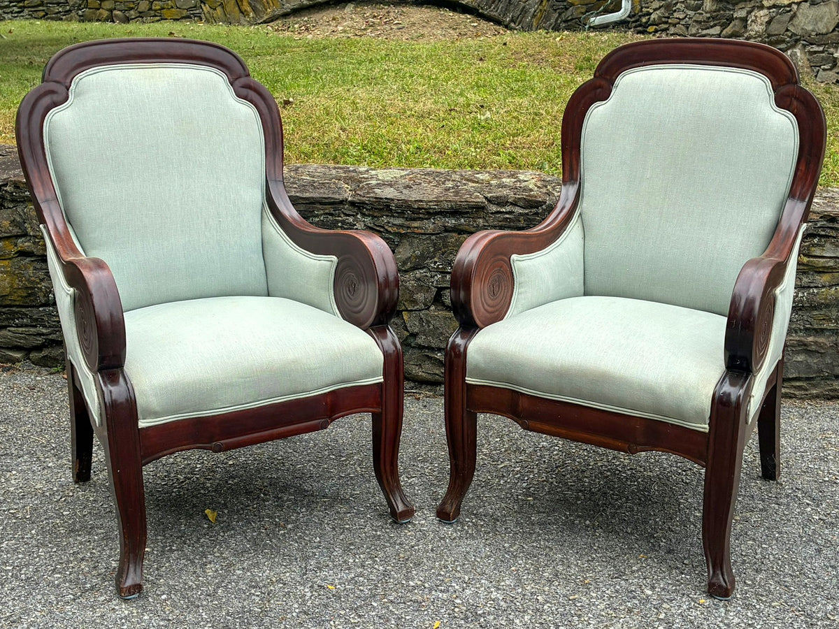 A Pair of Antique American Classical Empire Mahogany Armchair with Carved Rosette Scroll Arms, circa 1830–1850
