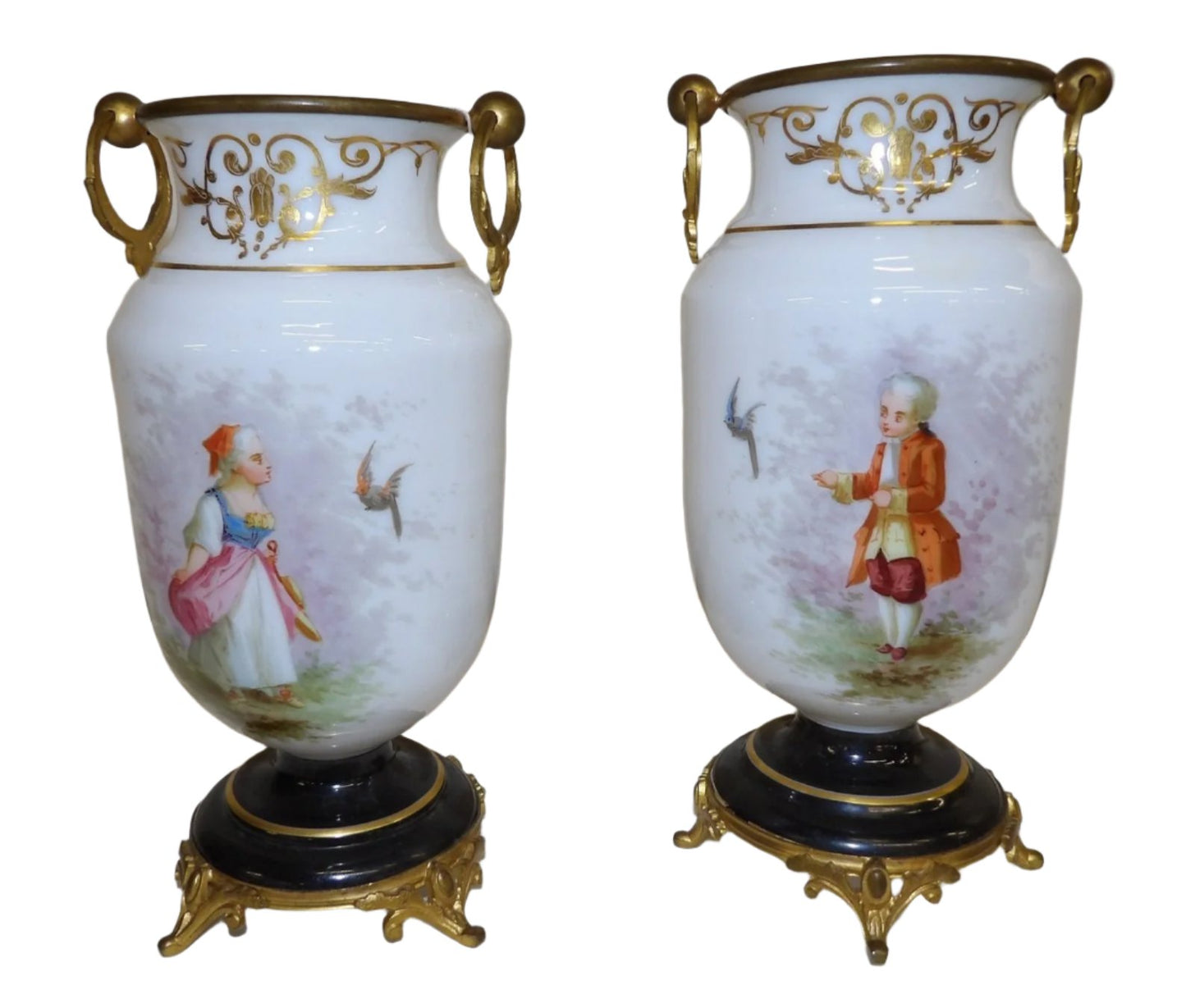 Pair French Opaline Decorated Glass Brass Mounted Vases With Hand Painted Decoration