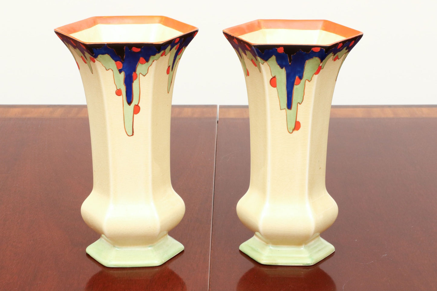 PAIR OF DORA TENNANT ENGLISH ART DECO PERIOD HEXAGONAL CERAMIC GLAZED VASES