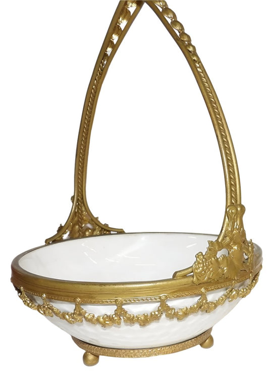 Antique Ornated Glass Basket with Brass Handle/Stand