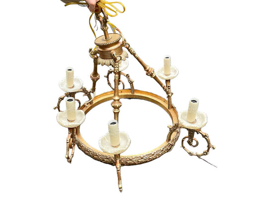 Spectacular  Vintage 6 Arm Gilded Metal & Alabaster Chandelier