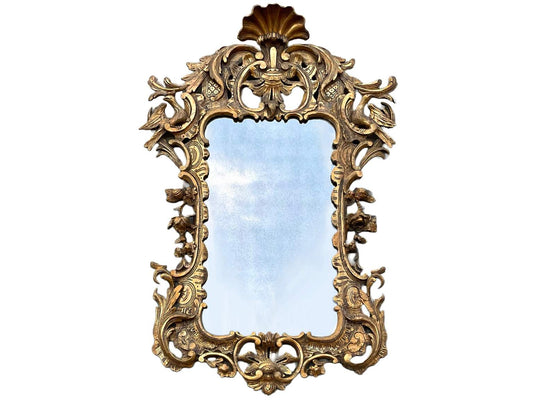 Antique Large Carved Gilt Wood Rococo Mirror with Clamshell Crest