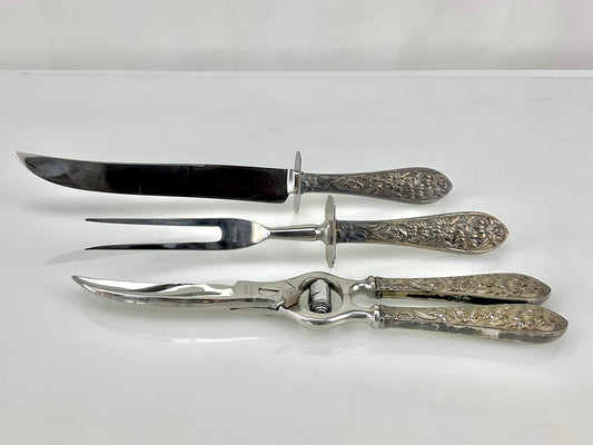 Vintage Sheffield W. Goff & Son Sterling Silver 3 Piece Carving Set