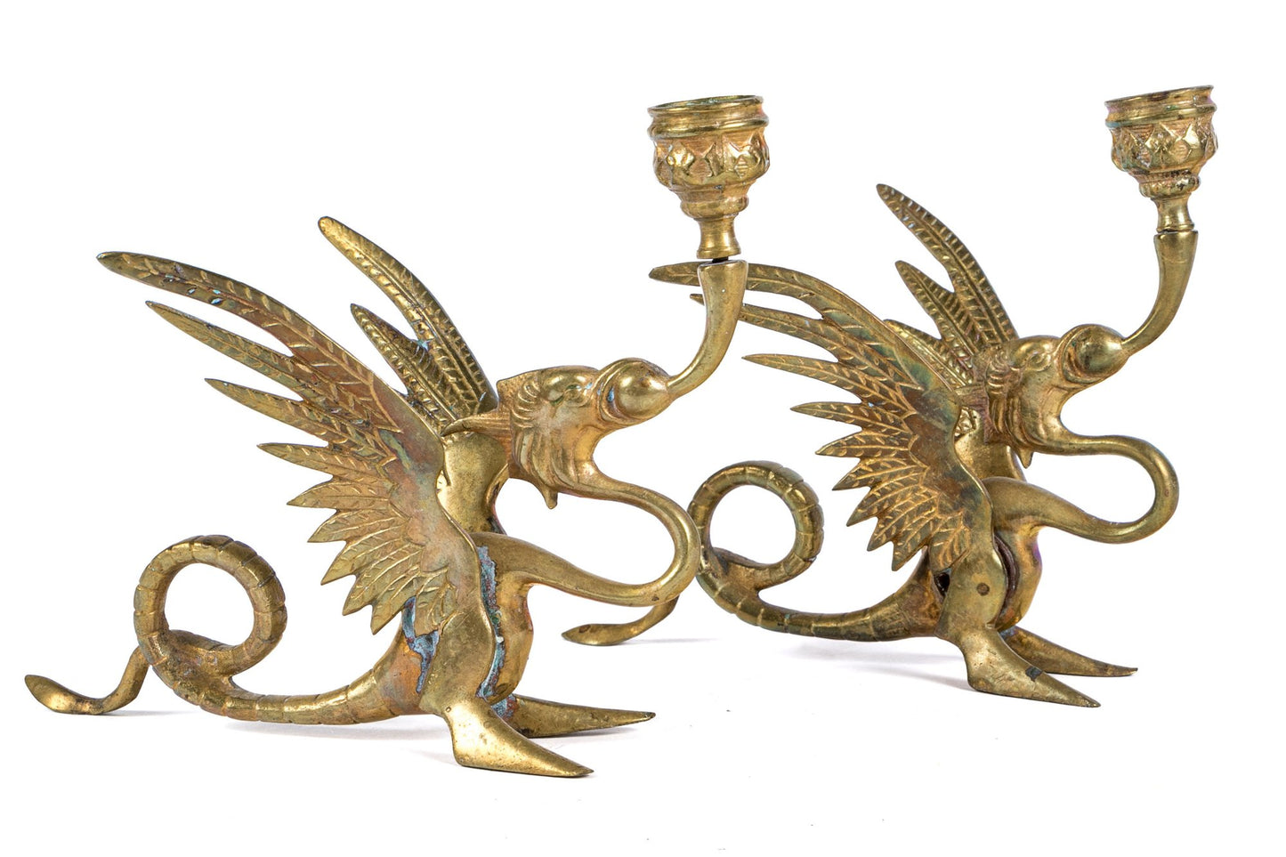 Rare Pair Of Antique Brass Mythical Beast Form Candlesticks