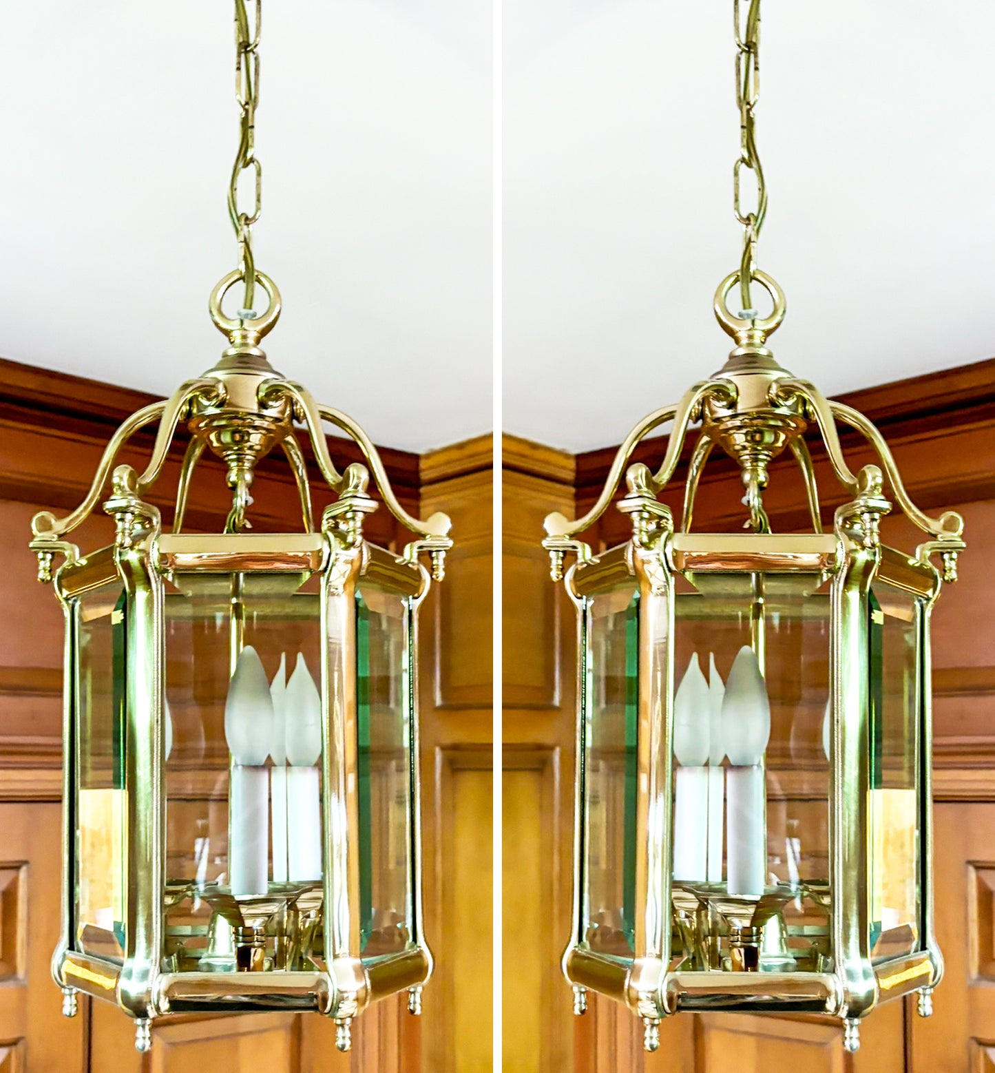 Antique Brass Hexagon Beveled Glass Hall Lantern, Late 1800 - Early 1900