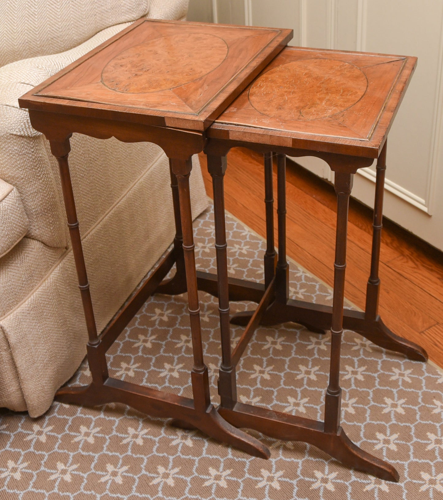 English Regency Revival Burl Wood & Inlaid Nesting Tables, Early 20th Century