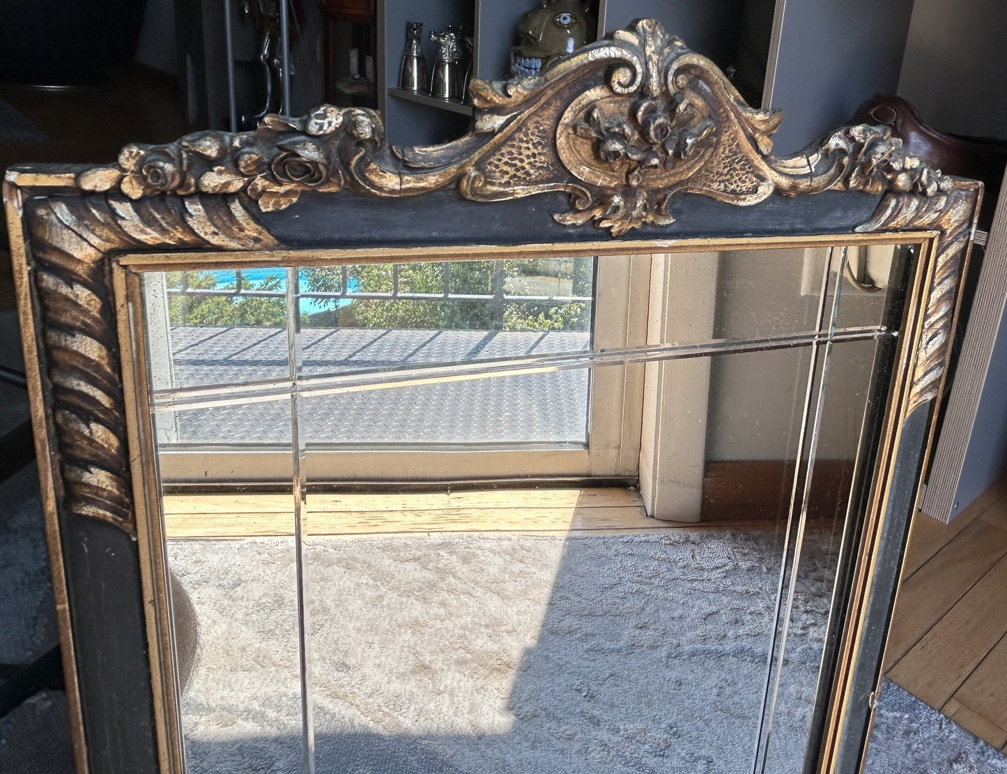 Early Vintage Carved Wood French Mirror With Beveled-panel