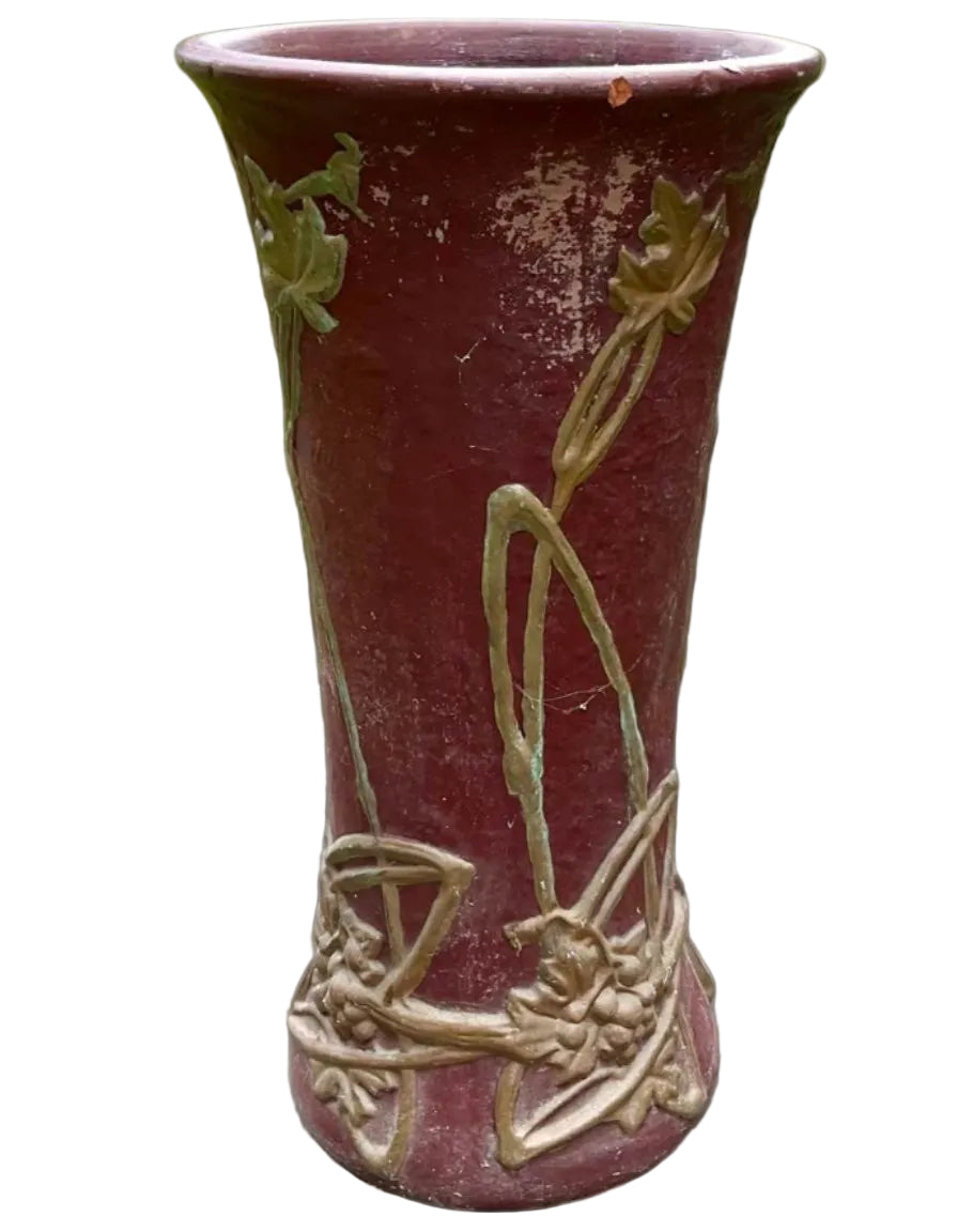 1900s Large Peters & Reed Aztec Red and Gold Ceramic Umbrella Stand, Signed