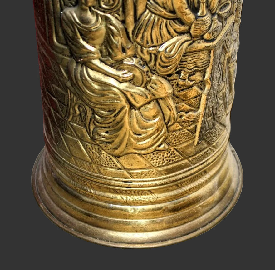 Vintage Embossed Brass Umbrella Stand Tavern Scene Design
