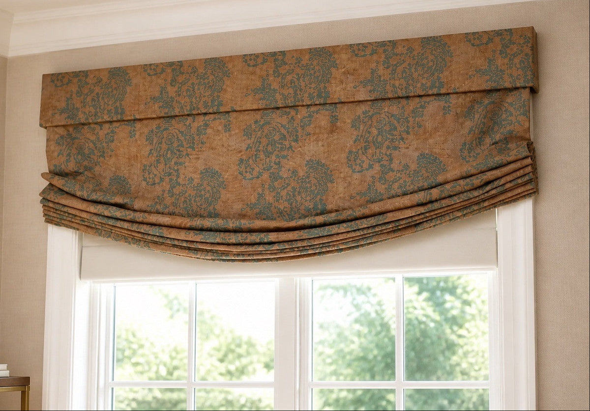 Custom Silk Jacquard Roman Shades & Upholstered Cornices (Pair), Attributed to Old World Weavers / Scalamandré, 63" W × 80" H