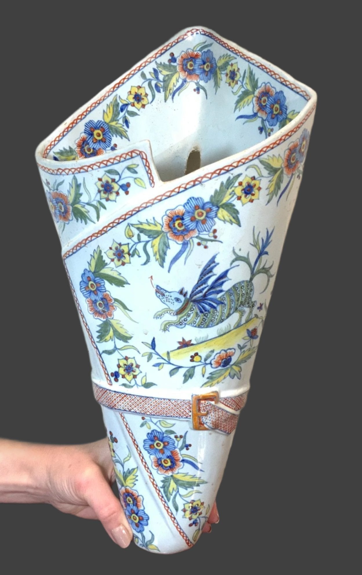 Unique French Rouen Faience Corner Pocket Vases