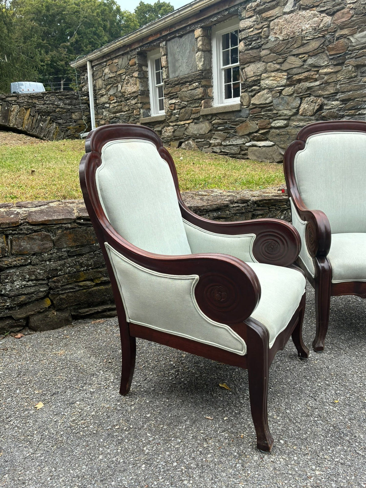 A Pair of Antique American Classical Empire Mahogany Armchair with Carved Rosette Scroll Arms, circa 1830–1850