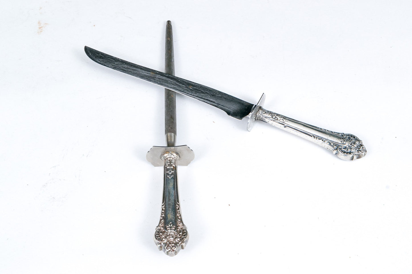 Vintage Sterling Handled Steel Blades Weighted Carving Knife and Sharpener