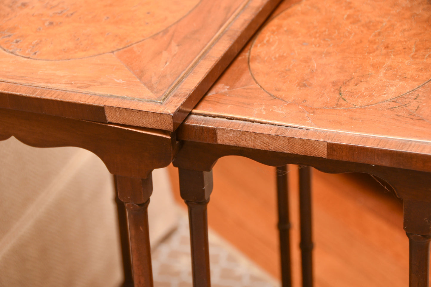 English Regency Revival Burl Wood & Inlaid Nesting Tables, Early 20th Century